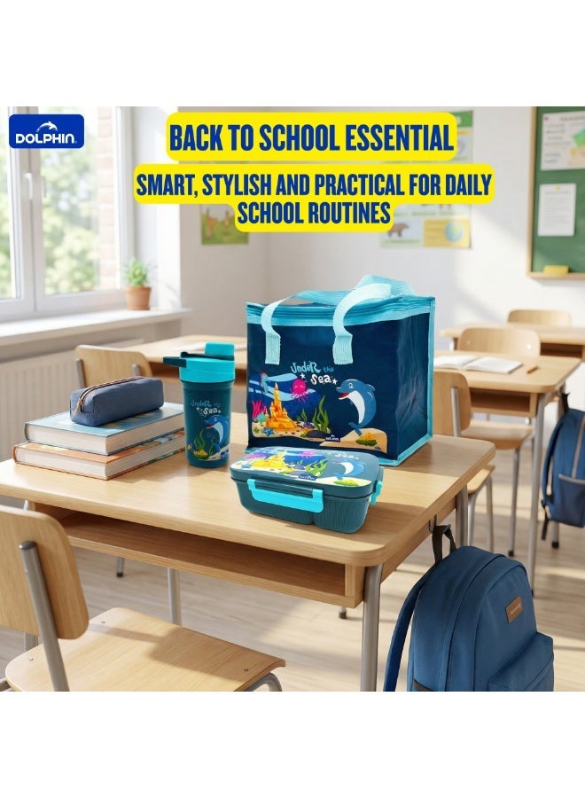 Dolphin Lunch Box Set Blue, 3-Compartment Bento Box 1800 ml with Water Bottle & Thermal Bag - Image 5